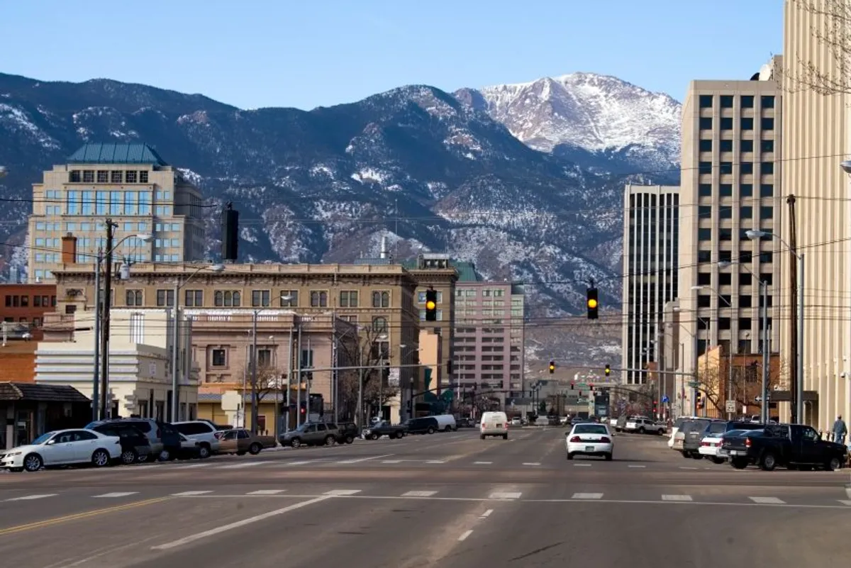 Downtown Colorado Springs with the mountains in the background